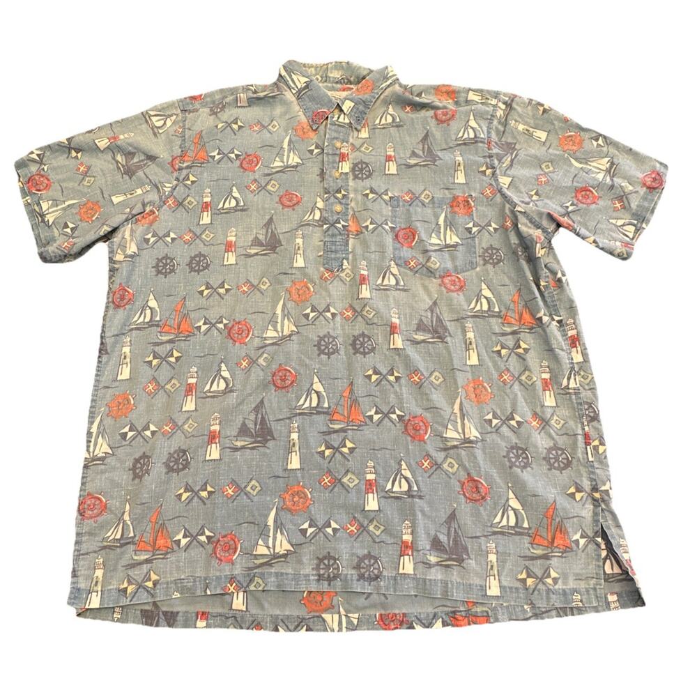 Reyn Spooner Hawaiian Shirt Men XXL Blue Sailboat Casual Nautical Reverse Print
